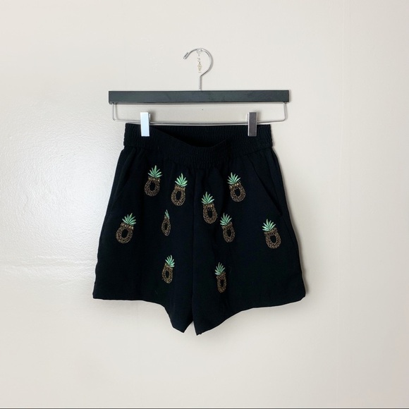 [H&M] Black Elastic Waist Beaded Pineapple Shorts - Picture 1 of 8
